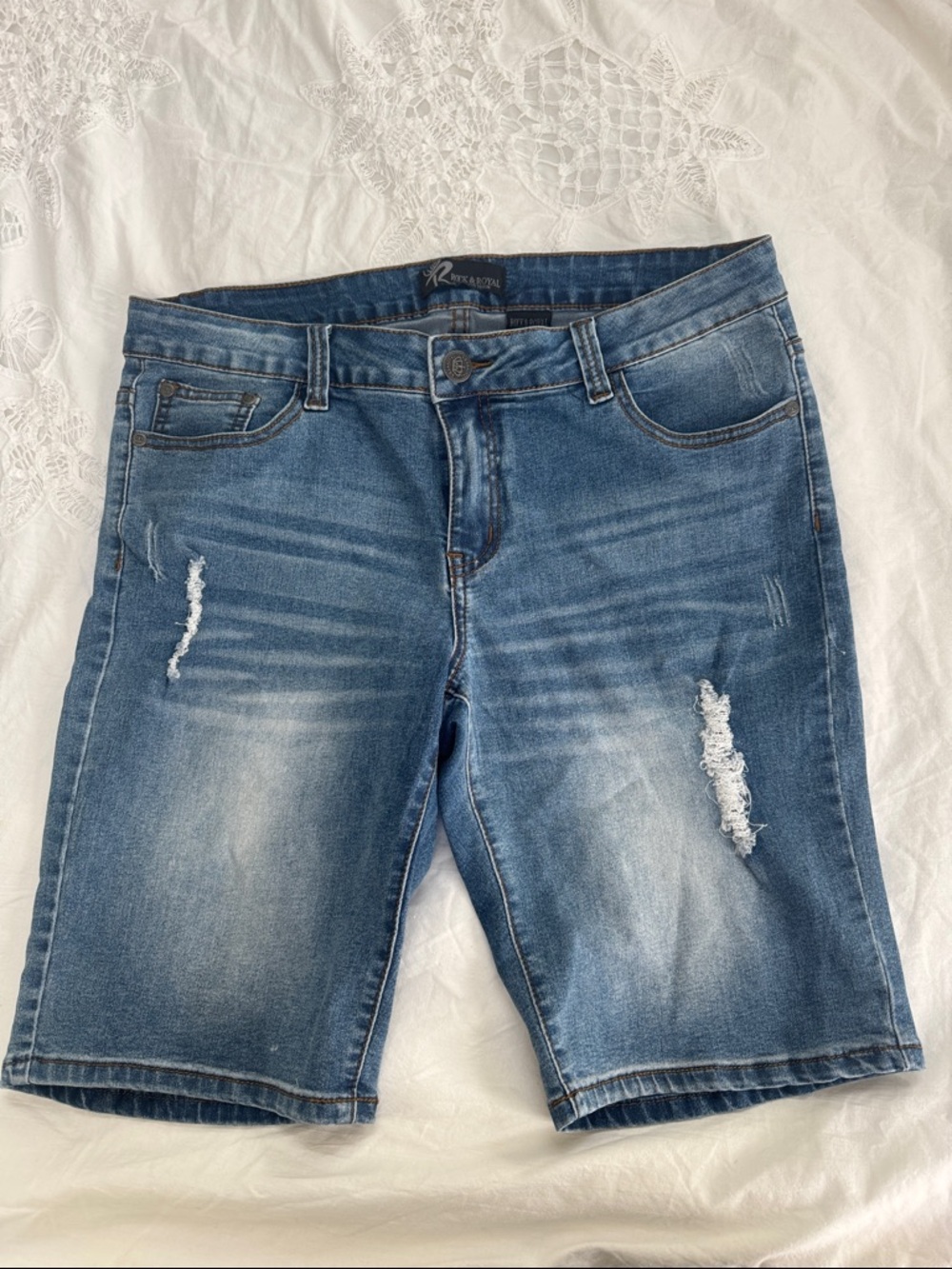 Rock & Royal Classic Denim, Women's Distressed Midwash Bermuda Shorts, Size 14